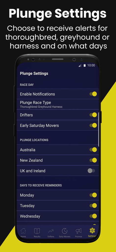 Plunge: Horse Racing - 개인화된 베팅 알림을 위한 플런지 경마 앱 설정 화면