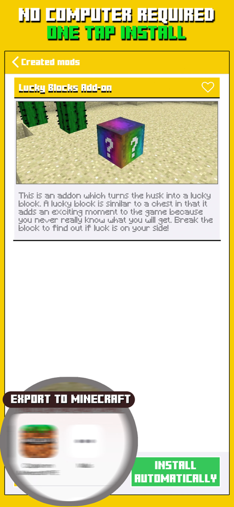 Mods for Minecraft PC & PE - Mobile app screen showing the Lucky Blocks Add-on for Minecraft with a one-tap automatic install button