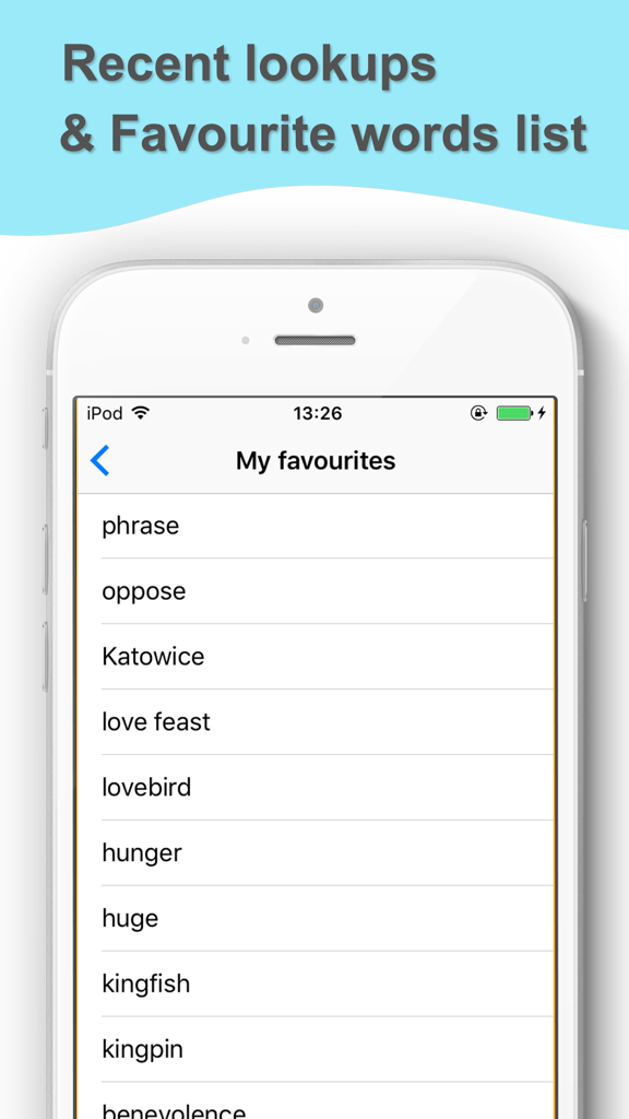 Bildschirm, der die Liste der bevorzugten Wörter in der Offline-App des Englisch Wörterbuchs anzeigt