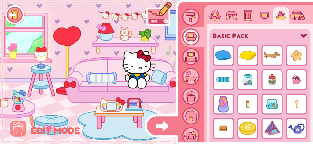 Hello Kitty And Friends World - ハローキティがピンクの部屋に座っており、家具や装飾品を選択するメニューが表示されている。