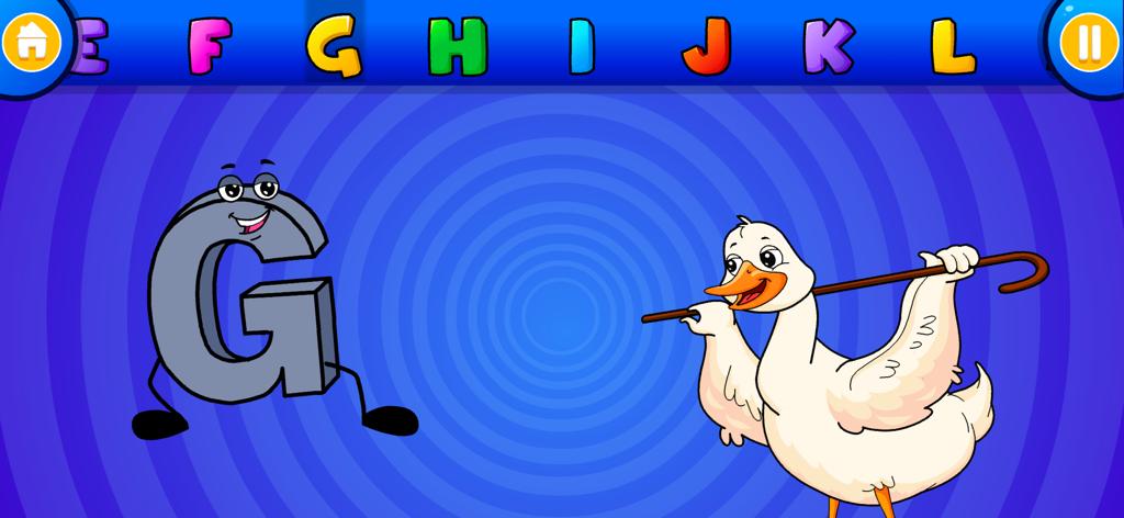 Cartoon letter G character and a goose holding a cane on a blue background