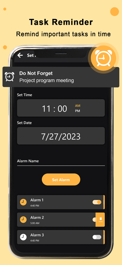 My Notes: Diary, Voice & Memos - Écran d'application mobile montrant la fonction de rappel de tâche avec des options pour définir l'heure et la date d'une alarme de réunion de projet