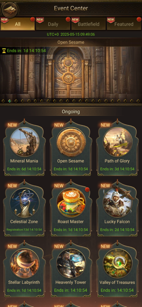 Revenge of Sultans - Revenge of Sultans game event center screen showing ongoing challenges and rewards