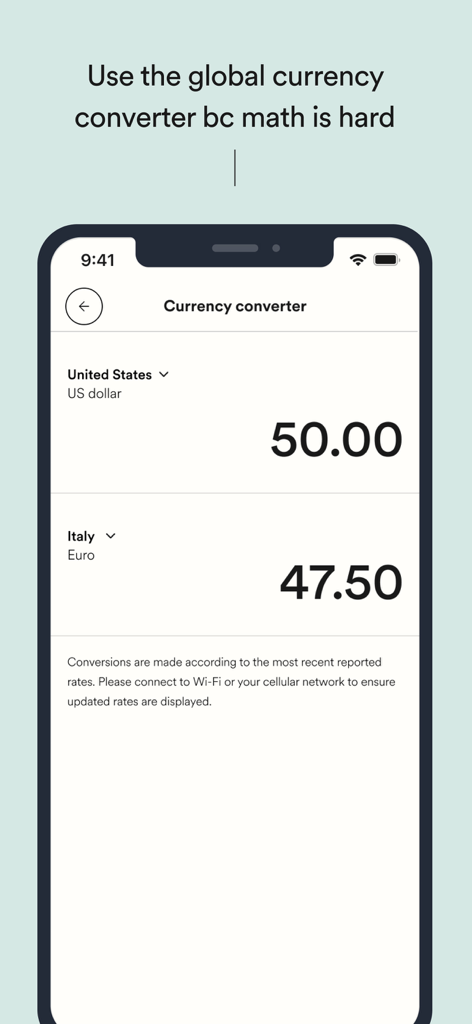 EF Ultimate Break app currency converter interface showing US dollar to Euro conversion