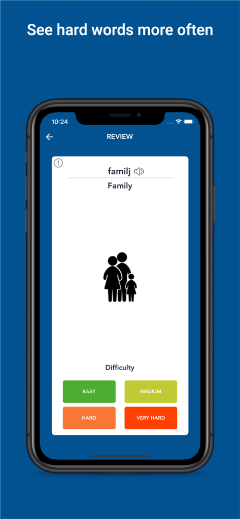 Tobo: Learn Swedish Vocabulary - Review screen in the Tobo Swedish app showing a vocabulary flashcard for the word family with difficulty selection buttons.