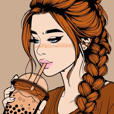 realistic girl drinking boba tea with braided hair