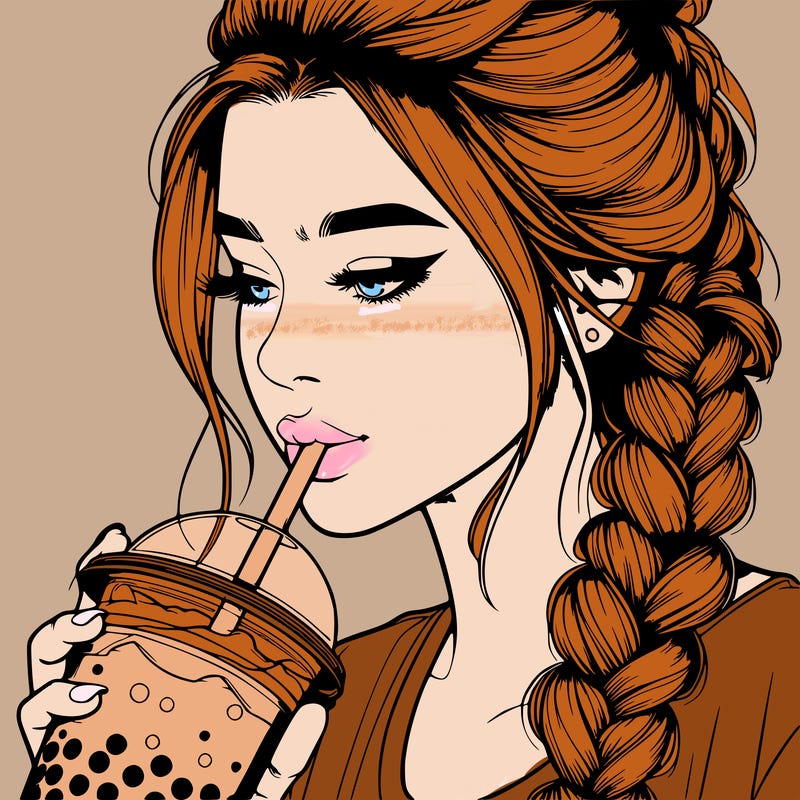 realistic girl drinking boba tea with braided hair