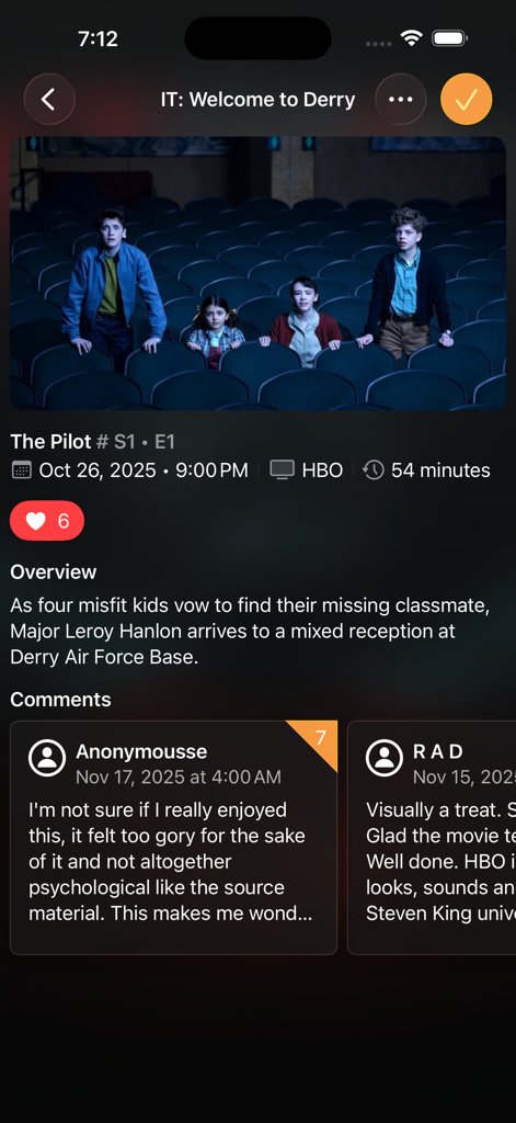Interfaccia dell'app Television Time che mostra informazioni sugli episodi e commenti degli utenti per la serie IT Welcome to Derry.