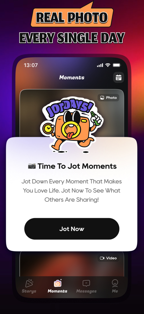 Truel: Share Snap, Meet People - Interface of Truel app displaying a pop-up invitation to jot down daily photos and moments