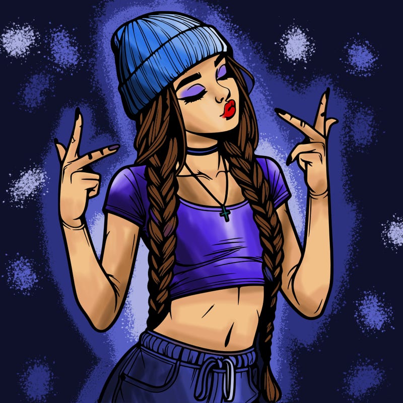 realistic teenage girl with braids and a beanie and crop top doing 🫶🏼