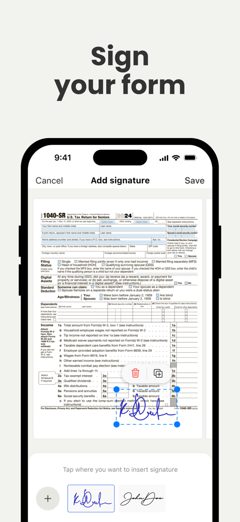 税務書類にデジタル署名を追加する方法を示すモバイルアプリのインターフェース