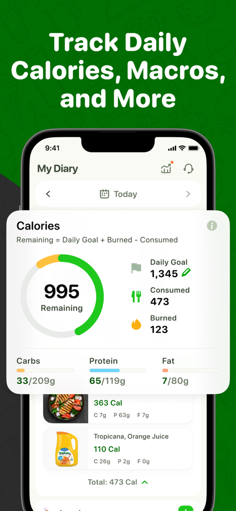 Calo: AI Food Calorie Counter - Caloモバイルアプリのインターフェースで、毎日のカロリー摂取量とマクロ栄養素追跡の進捗状況を表示しています