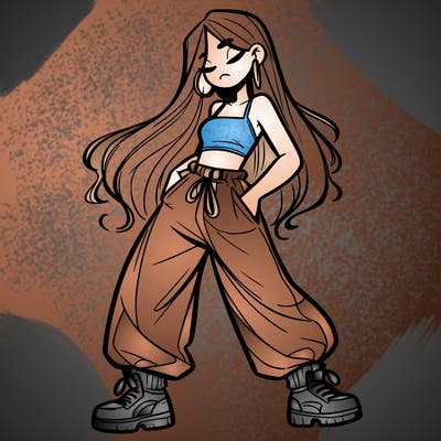 girl in baggy pants crop top and long hair
