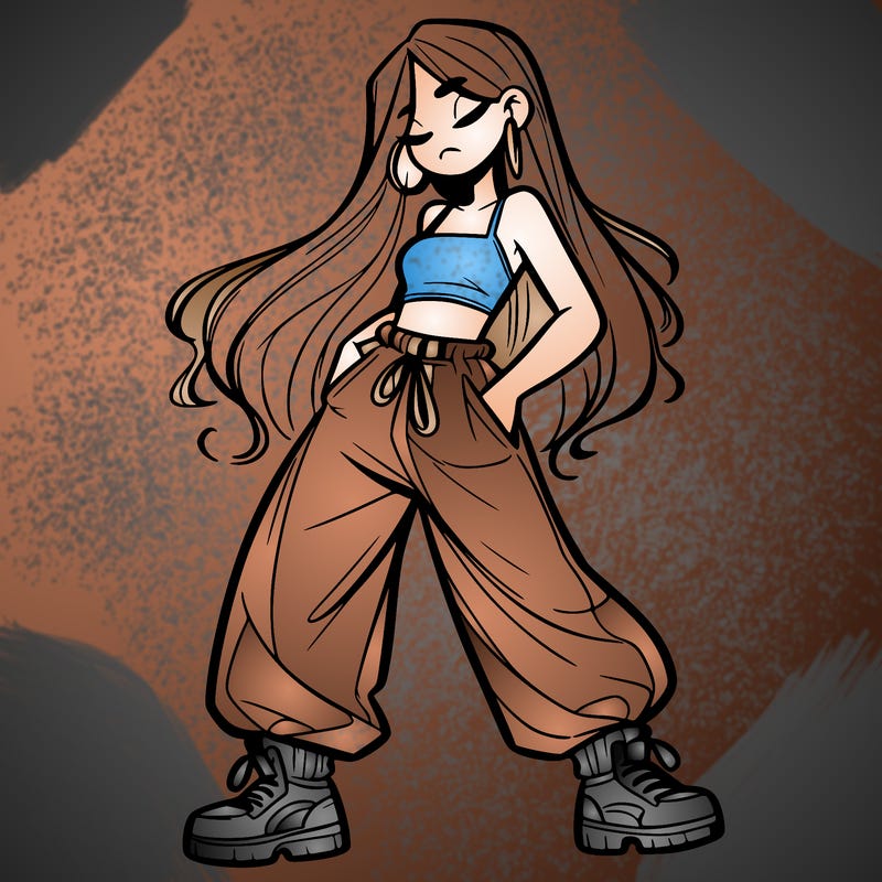 girl in baggy pants crop top and long hair