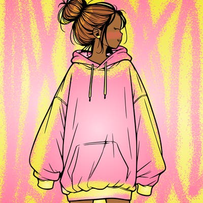realistic girl with a oversized sweatshirt on and a bun