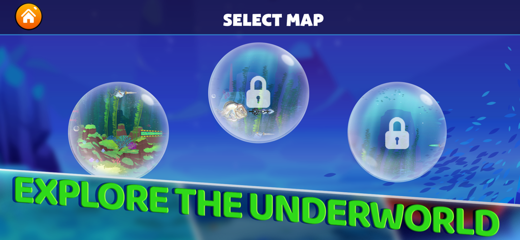 Fish IO: Be the King - Map selection screen in Fish IO showing different underwater environments