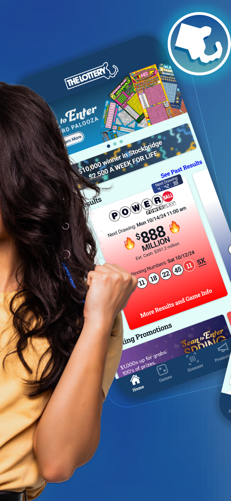 MA Lottery app displaying Powerball jackpot and winning numbers.