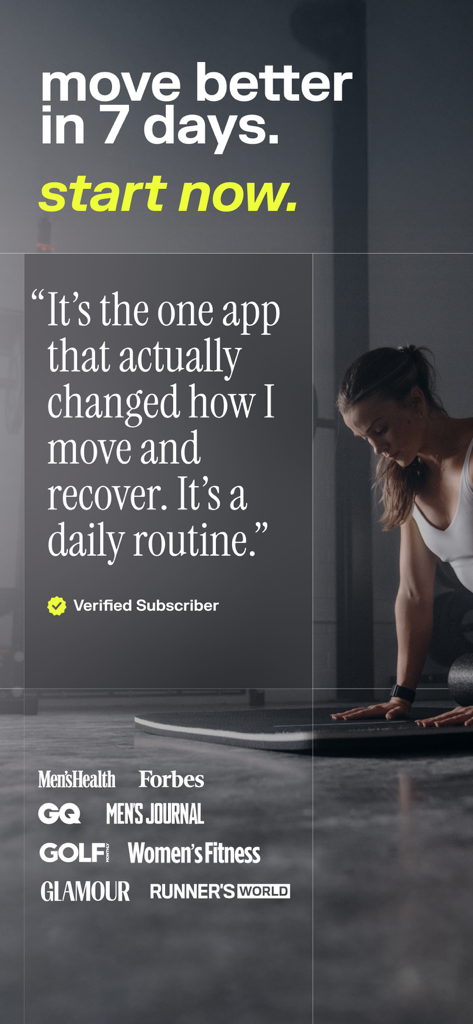 pliability: stretch + mobility - A woman using a foam roller with a user testimonial and logos of major fitness publications endorsing the pliability app.