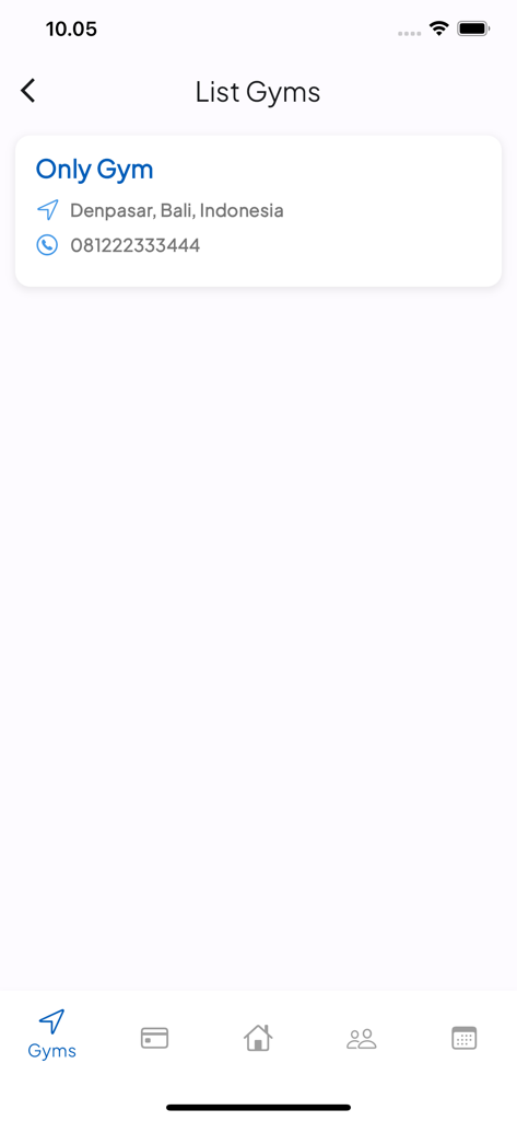 Sangtum Fitness mobile app interface showing a list of gyms with location and contact details for Only Gym in Bali