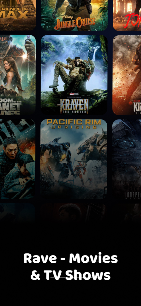 Rave - Movies & TV Shows - Écran de démarrage de l'application Rave Movies and TV Shows présentant une grille d'affiches de films et le nom de l'application.