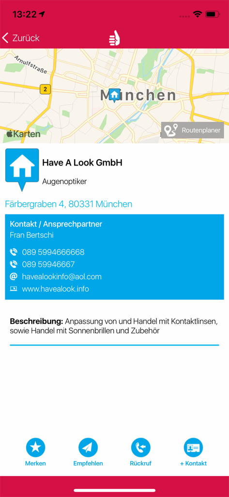 Handwerkerradar - Geschäftsprofilseite für einen Optiker in München in der Handwerkerradar-App mit Kontaktinformationen und Standort auf der Karte.