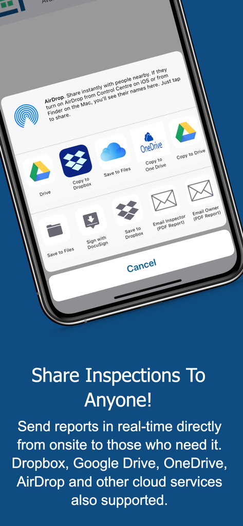 Property Inspection Manager - Mobile screen showing cloud sharing options for property inspection reports