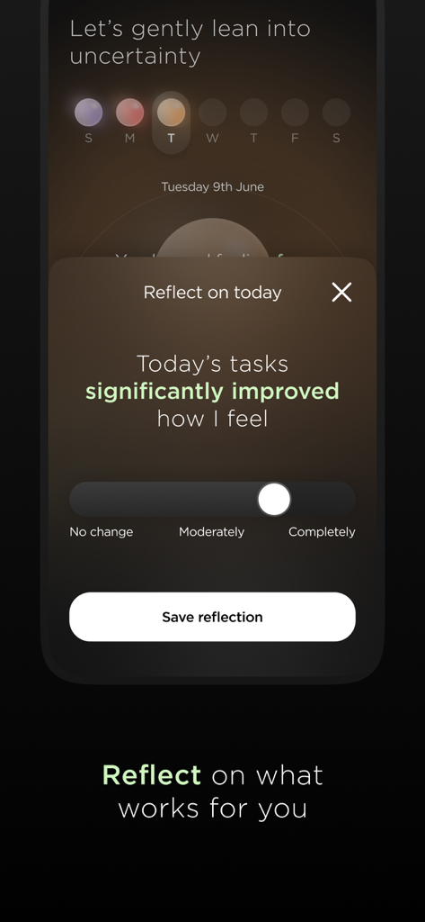 Nebbi App - A mobile app screen showing a daily reflection feature where users rate how micro-tasks improved their emotional well-being using a slider.