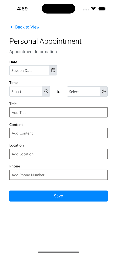 Interfaz de la aplicación Therasoft Mobile para programar citas personales con campos de fecha, hora y lugar.