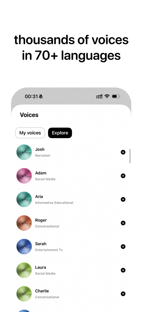 Labs AI Voice Generator - Labs AI Voice Generator app screen showing a library of different AI voices like Josh for narration and Adam for social media with a headline about 70 plus languages