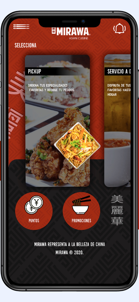 Mirawa Asian Cuisine mobile app home screen showing pickup and delivery options in Spanish.