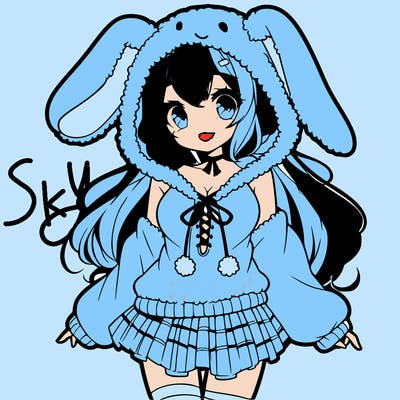 pretty anime girl wearing a fluffy hoodie with bunny ears on the hood and a skirt