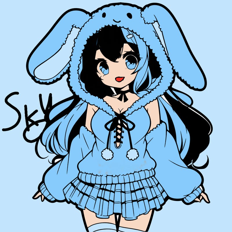 pretty anime girl wearing a fluffy hoodie with bunny ears on the hood and a skirt