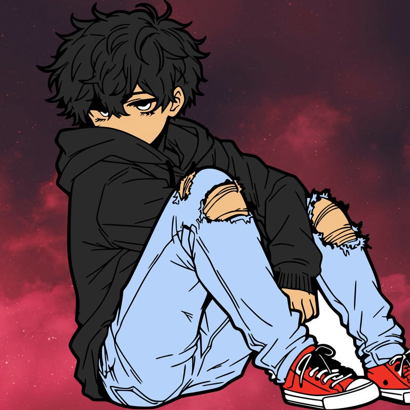 a male hoddie ripped jeans messy hair anime
