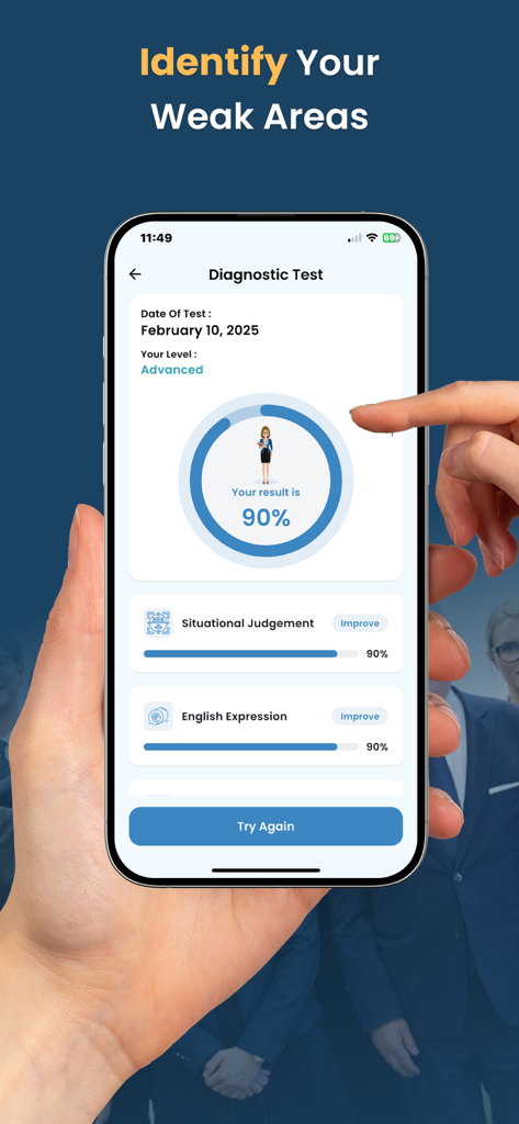 FSOT Practice Test 2026 - FSOT Practice Test app interface showing diagnostic test results with a ninety percent score and level assessment.