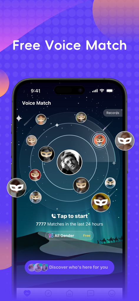 Laka app screenshot displaying the free voice match radar screen with user profile icons.