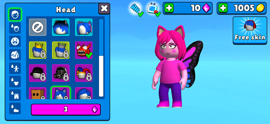 Character customization screen in Obby Parkour showing options for head and hair styles.