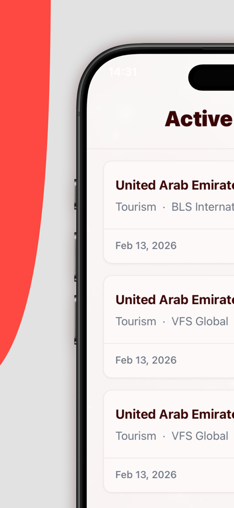 VisaNow: Find Visa Appointment - Mobile app screen showing active visa appointment tracking for United Arab Emirates tourism