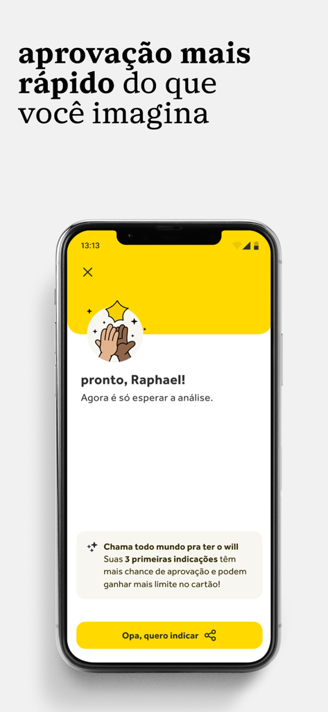 Smartphone screen of Banco will app showing a message about fast credit approval analysis and a high-five illustration