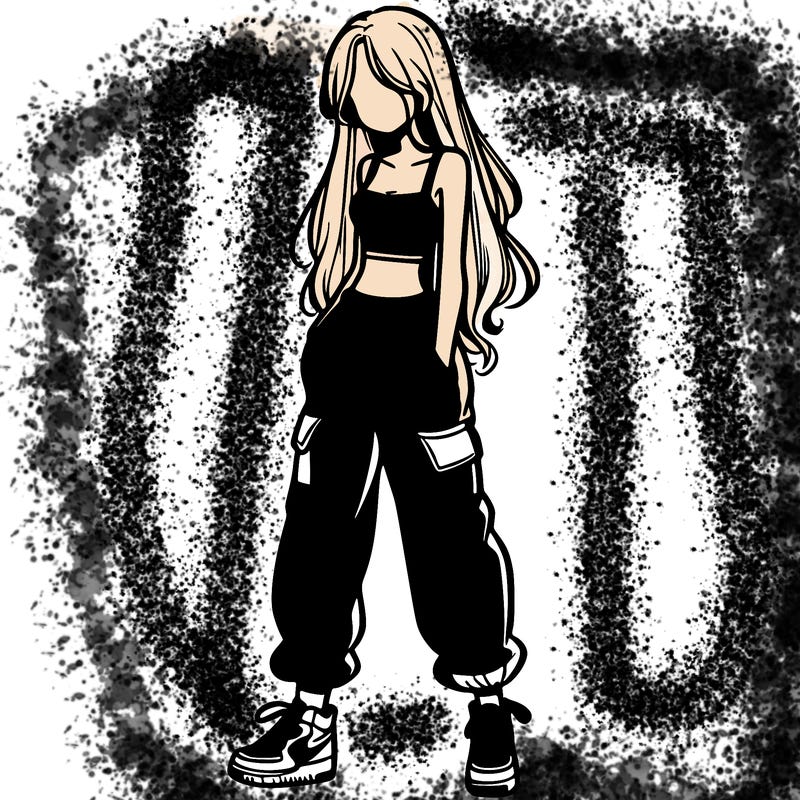 girl in baggy pants crop top and long hair