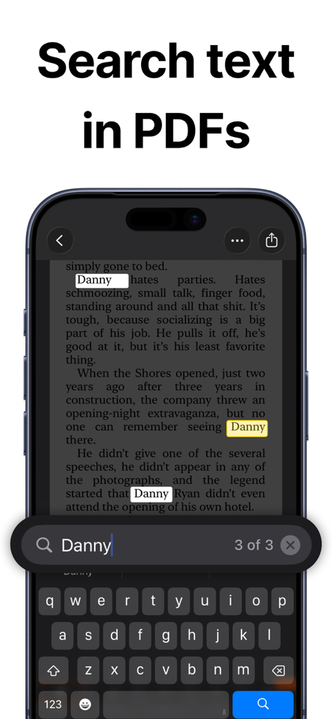 Whiteout: Redact & Blur Photos - Pantalla del iPhone mostrando la interfaz de la aplicación Whiteout buscando y resaltando texto específico dentro de un documento PDF.