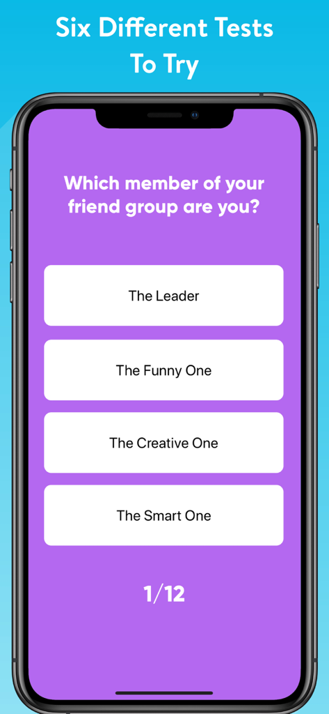 Una pantalla de aplicación móvil que muestra una pregunta de prueba de personalidad preguntando ¿Qué miembro de tu grupo de amigos eres? con cuatro opciones.