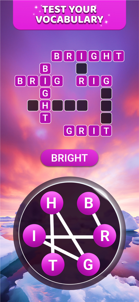 Word Bliss - from PlaySimple - Word Bliss gameplay showing a word puzzle and letter wheel with a serene sunset background