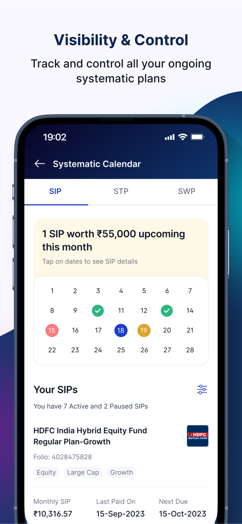 HDFC Bank SmartWealth - Benutzeroberfläche der HDFC Bank SmartWealth App, die einen systematischen Kalender zur Verfolgung und Steuerung von SIP-Investitionen zeigt.