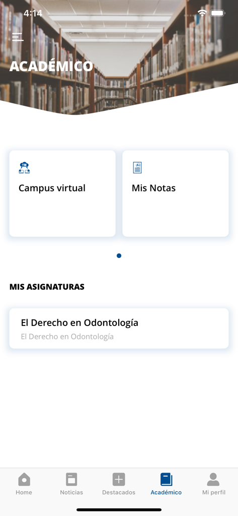 Sección académica de la aplicación UAX que muestra calificaciones y asignaturas del campus virtual