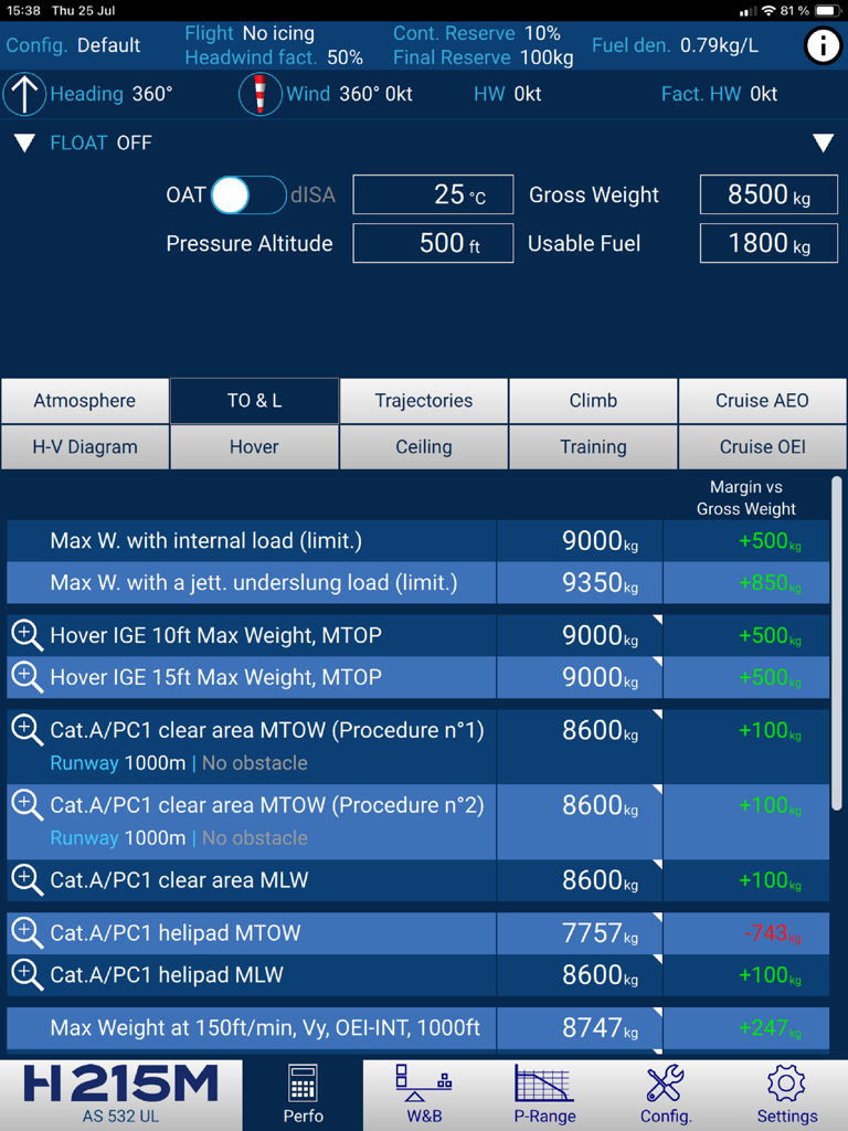 H215M Flight Perfo - Pantalla de datos de rendimiento de despegue y aterrizaje de helicóptero en la aplicación H215M Flight Perfo que muestra los límites de peso y los márgenes