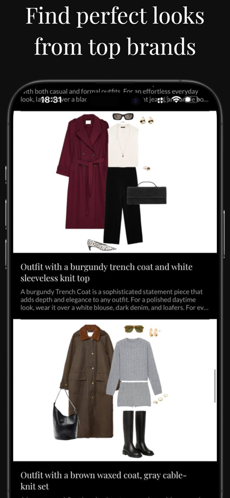 ApparelStyle - ApparelStyle App-Oberfläche, die kuratierte Mode-Looks und Outfit-Kombinationen zeigt