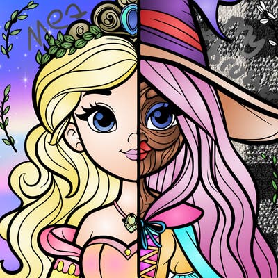 detailed realistic split of a princess and a witch