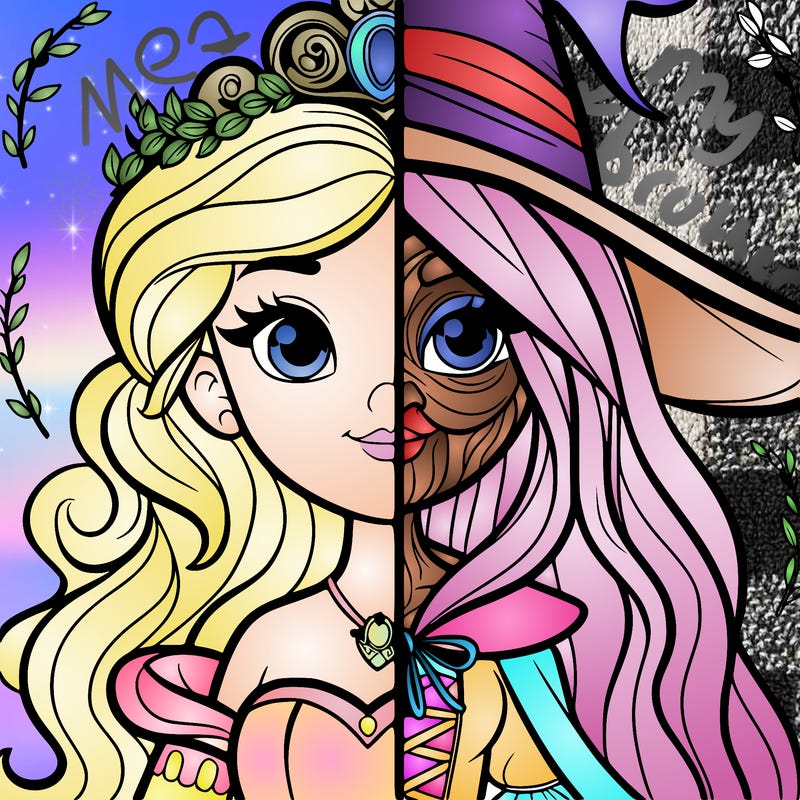 detailed realistic split of a princess and a witch