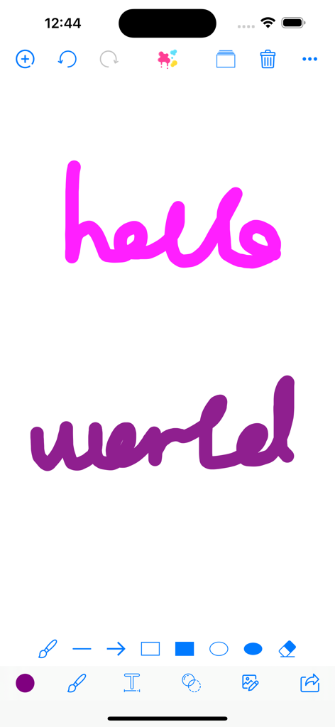 Brush Canvas color draw boards - Uma interface de desenho digital simples mostrando as palavras "hello world" escritas à mão em rosa e roxo.