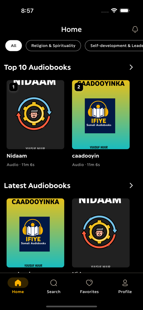 Startbildschirm der IFIYE Somali Audiobooks App mit Top-Hörbüchern und Kategorien